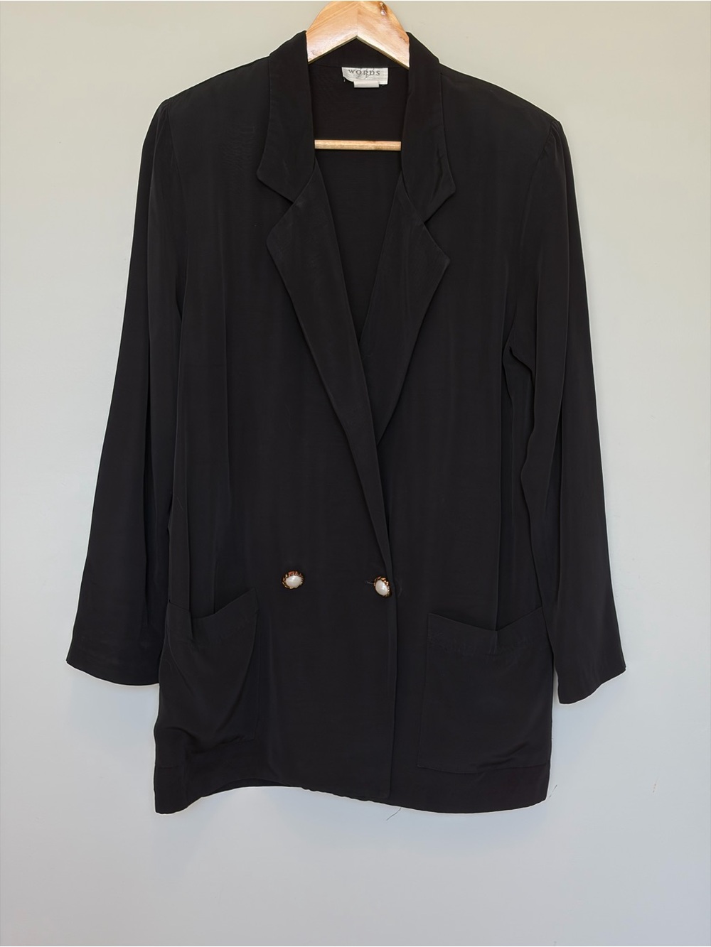 Vintage Black Relaxed Double-Breasted Blazer with Pearl Buttons